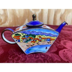 Vintage Kelvin Chen Miniature Teapot Beach Coastline Scene Blue Red Plaid Accent